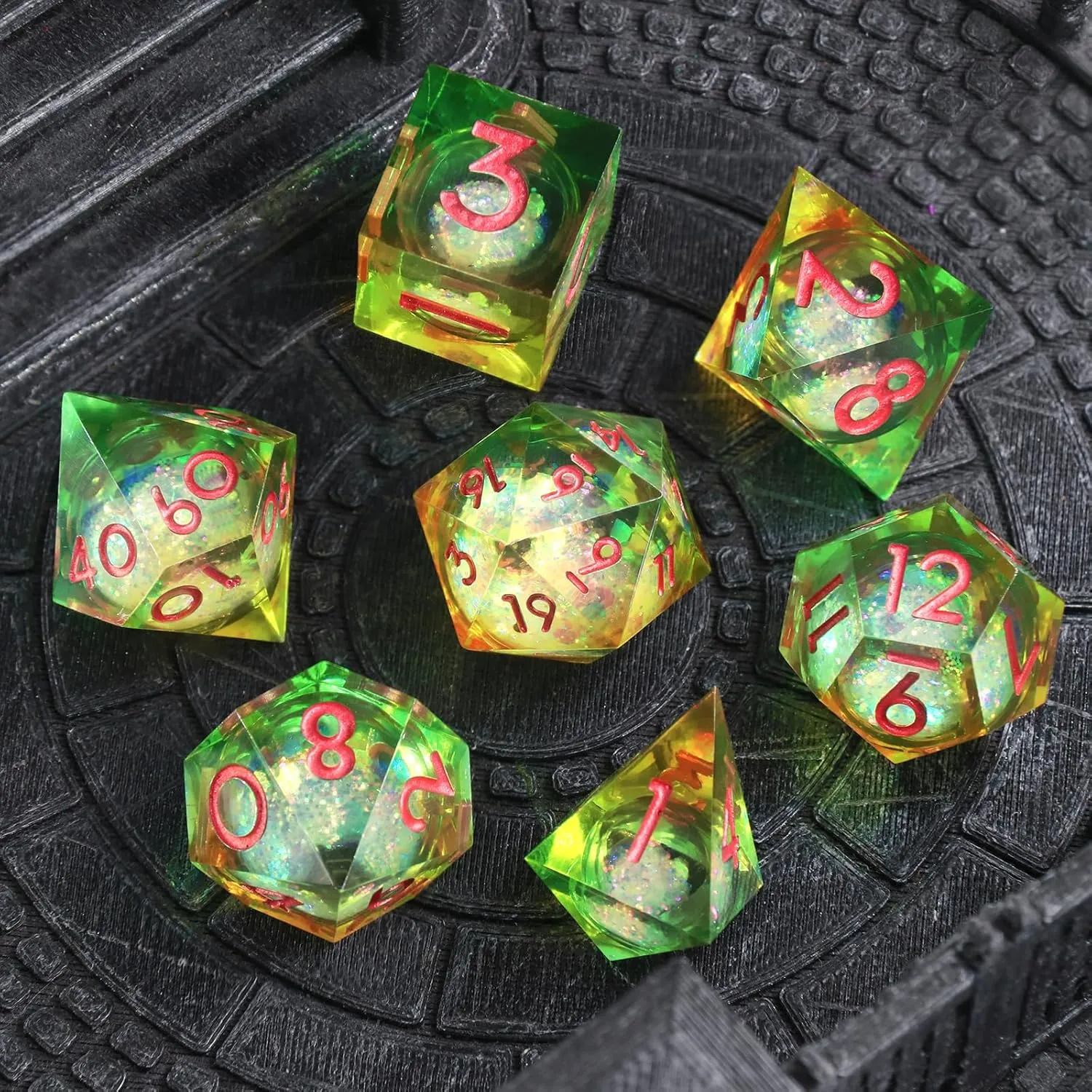 Liquid Core DND Dice Set for Dungeons and Dragons, 7 Piece Sharp Edge Resin DND Dice with Cardborad Box Role Playing Polyhedral D and D RPG Dice D20 D12 D10 D8 D6 D4（Liquid Yellow and Green）