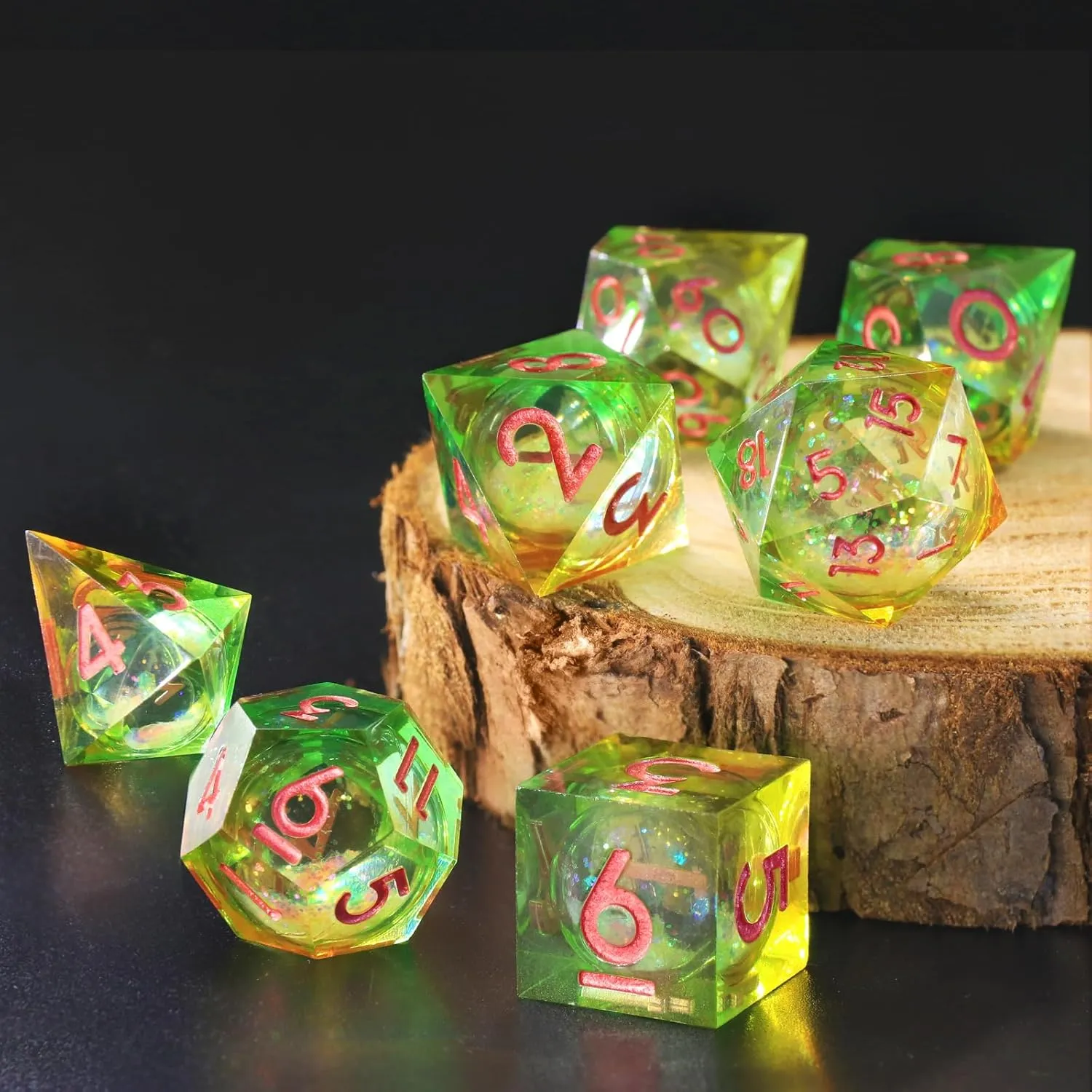 Liquid Core DND Dice Set for Dungeons and Dragons, 7 Piece Sharp Edge Resin DND Dice with Cardborad Box Role Playing Polyhedral D and D RPG Dice D20 D12 D10 D8 D6 D4（Liquid Yellow and Green）