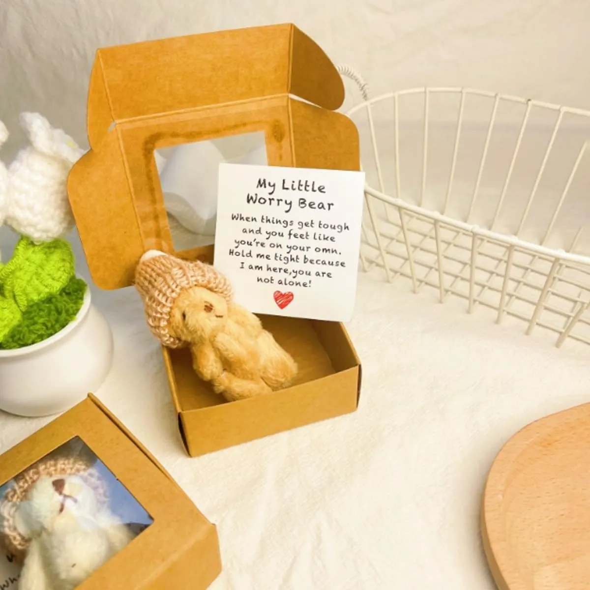 Little Bear in a Box,My Little Worry Bear Box with a Hat,Handmade Mini Plush Teddy Bear in Box,Little Pocket Bear Hug Includes Card and Gift Box,Heartwarming Gift for Stress (3-B)