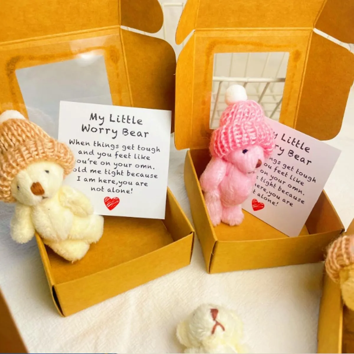 Little Bear in a Box,My Little Worry Bear Box with a Hat,Handmade Mini Plush Teddy Bear in Box,Little Pocket Bear Hug Includes Card and Gift Box,Heartwarming Gift for Stress (3-B)