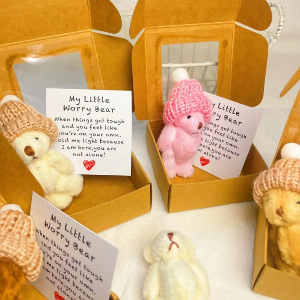 Little Bear in a Box,My Little Worry Bear Box with a Hat,Handmade Mini Plush Teddy Bear in Box,Little Pocket Bear Hug Includes Card and Gift Box,Heartwarming Gift for Stress (3-B)