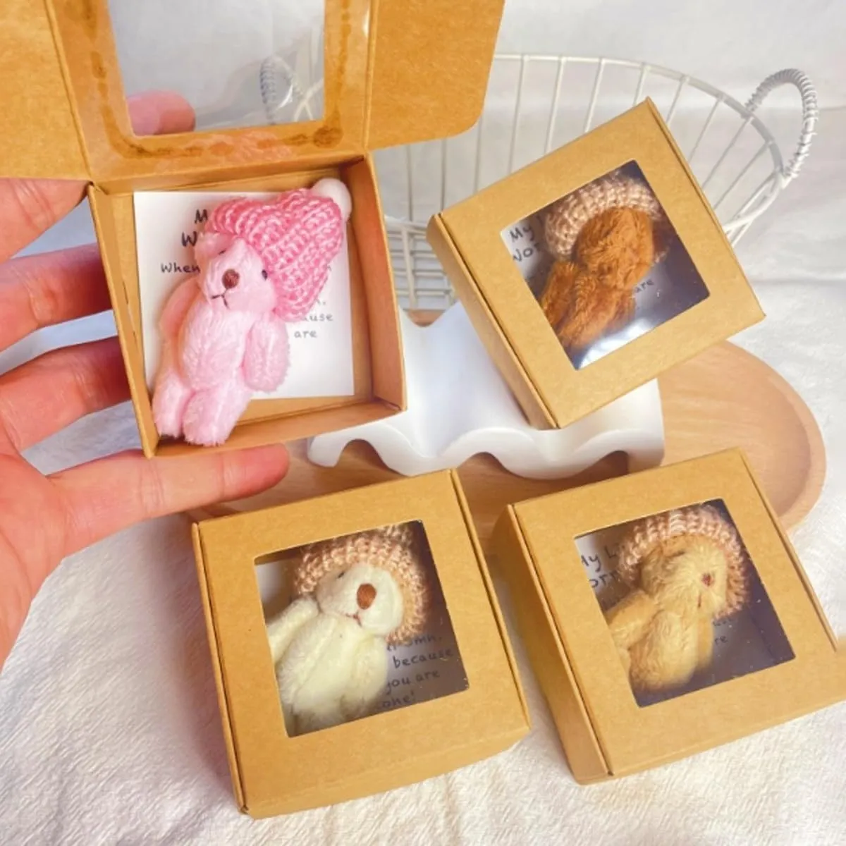 Little Bear in a Box,My Little Worry Bear Box with a Hat,Handmade Mini Plush Teddy Bear in Box,Little Pocket Bear Hug Includes Card and Gift Box,Heartwarming Gift for Stress (3-B)