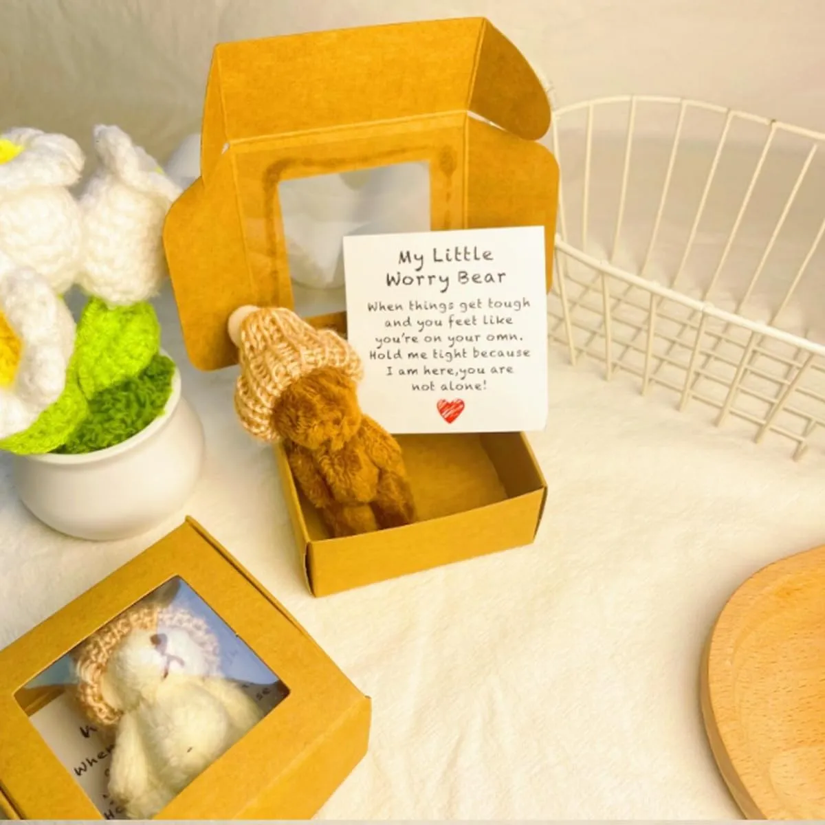 Little Bear in a Box,My Little Worry Bear Box with a Hat,Handmade Mini Plush Teddy Bear in Box,Little Pocket Bear Hug Includes Card and Gift Box,Heartwarming Gift for Stress (3-B)