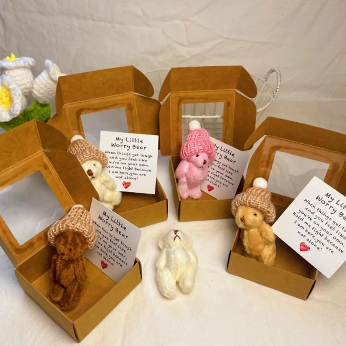 Little Bear in a Box,My Little Worry Bear Box with a Hat,Handmade Mini Plush Teddy Bear in Box,Little Pocket Bear Hug Includes Card and Gift Box,Heartwarming Gift for Stress (3-B)