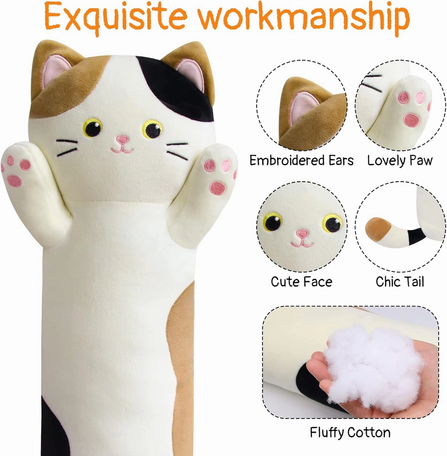Long Cat Plush Pillow, 39inch Cartoon Cat Plush Boby Pillow for Kids Long Cat Stuffed Animal, Ctue Kitten Plush Throw Pillow Doll Gift for Boys, Girls, Birthday