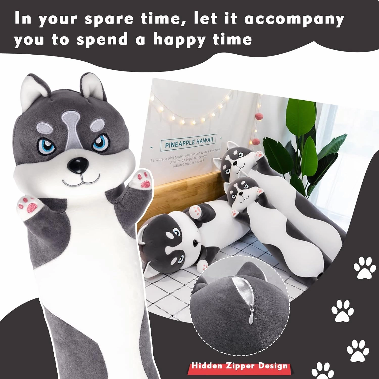 Long Husky Plush Pillow, 51.1in Cute Dog Plushie Stuffed Animals Body Pillow, Kawaii Husky Soft Plushie Doll Toy Birthday Gift for Kids Girlfriend
