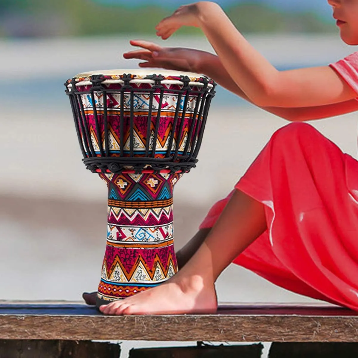 lotmusic African Djembe Drum, Standard 8'' Red Cloth Stitched Congo Drum, Professional Bongo Drum With Goatskin Drumhead