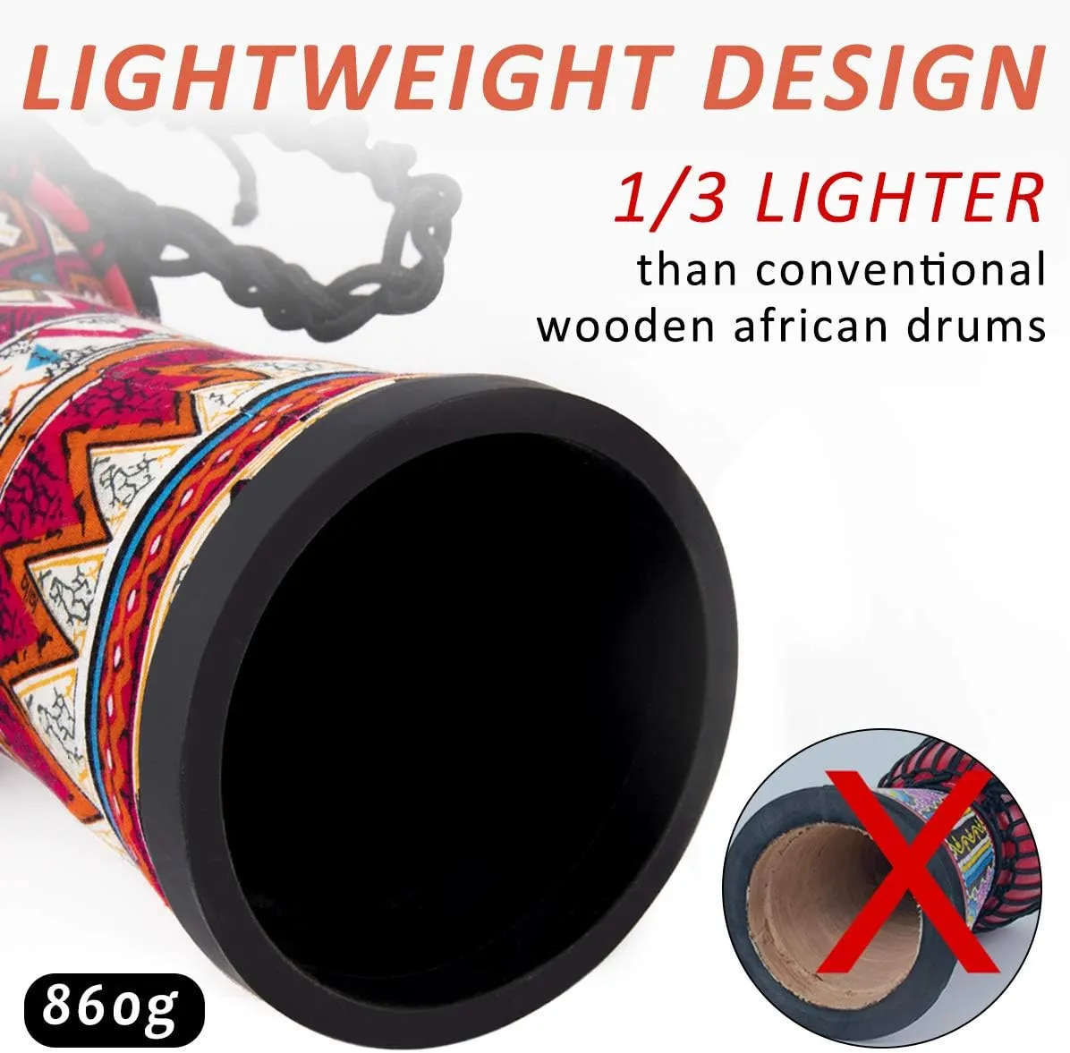 lotmusic African Djembe Drum, Standard 8'' Red Cloth Stitched Congo Drum, Professional Bongo Drum With Goatskin Drumhead