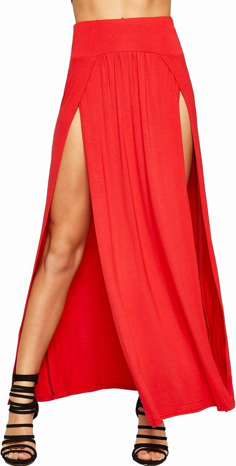 Loxdonz Women's Stretchy Split Skirts Maxi Long Skirt Plain Side Slit Beach Party Maxi Skirts