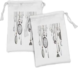 Lunarable Antique Fabric Pouch Set of 2, Many Old Fashioned Pocket Watch on Chain Clocks Chronometer Hours Antique, Small Drawstring Bag for Toiletries Masks and Favors, 9" x 6", Yellow Grey White
