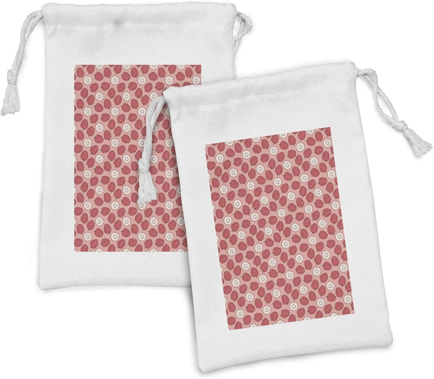 Lunarable Lychee Fabric Pouch Set of 2, Exotic Themed Colorful Hand Drawn Pattern of Tropical Fruit, Small Drawstring Bag for Toiletries Masks and Favors, 9" x 6", Blush Dark Peach
