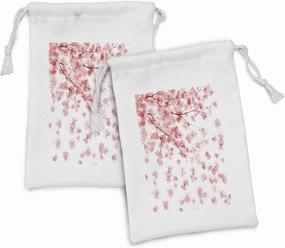 Lunarable Floral Fabric Pouch Set of 2, Pastel Japanese Botanical Design Cherry Blossom Branches and Petals, Small Drawstring Bag for Toiletries Masks and Favors, 9" x 6", Blush Dark Coral and White