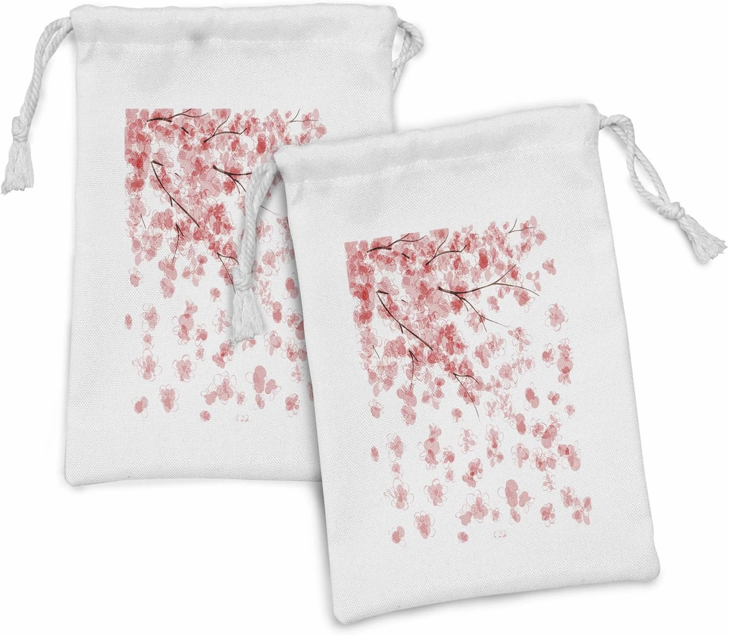 Lunarable Floral Fabric Pouch Set of 2, Pastel Japanese Botanical Design Cherry Blossom Branches and Petals, Small Drawstring Bag for Toiletries Masks and Favors, 9" x 6", Blush Dark Coral and White