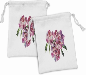 Lunarable Floral Fabric Pouch Set of 2, Shabby Form Design Farm Country House Vintage Romantic Rose Watercolor Art, Small Drawstring Bag for Toiletries Masks and Favors, 9" x 6", Pink Lilac and Green