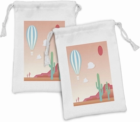 Lunarable Landscape Fabric Pouch Set of 2, Hot Air Balloon in the Desert with Cactus, Small Drawstring Bag for Toiletries Masks and Favors, 9" x 6", Blush Dark Coral