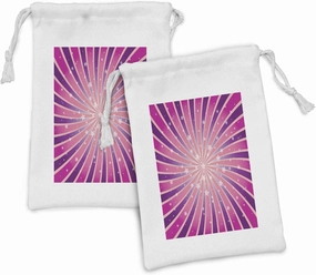 Lunarable Pink Purple Fabric Pouch Set of 2, Funny Design Retro Style Rays and Stars Gradient Toned Center, Small Drawstring Bag for Toiletries Masks and Favors, 9" x 6", Magenta Quartz and Rose