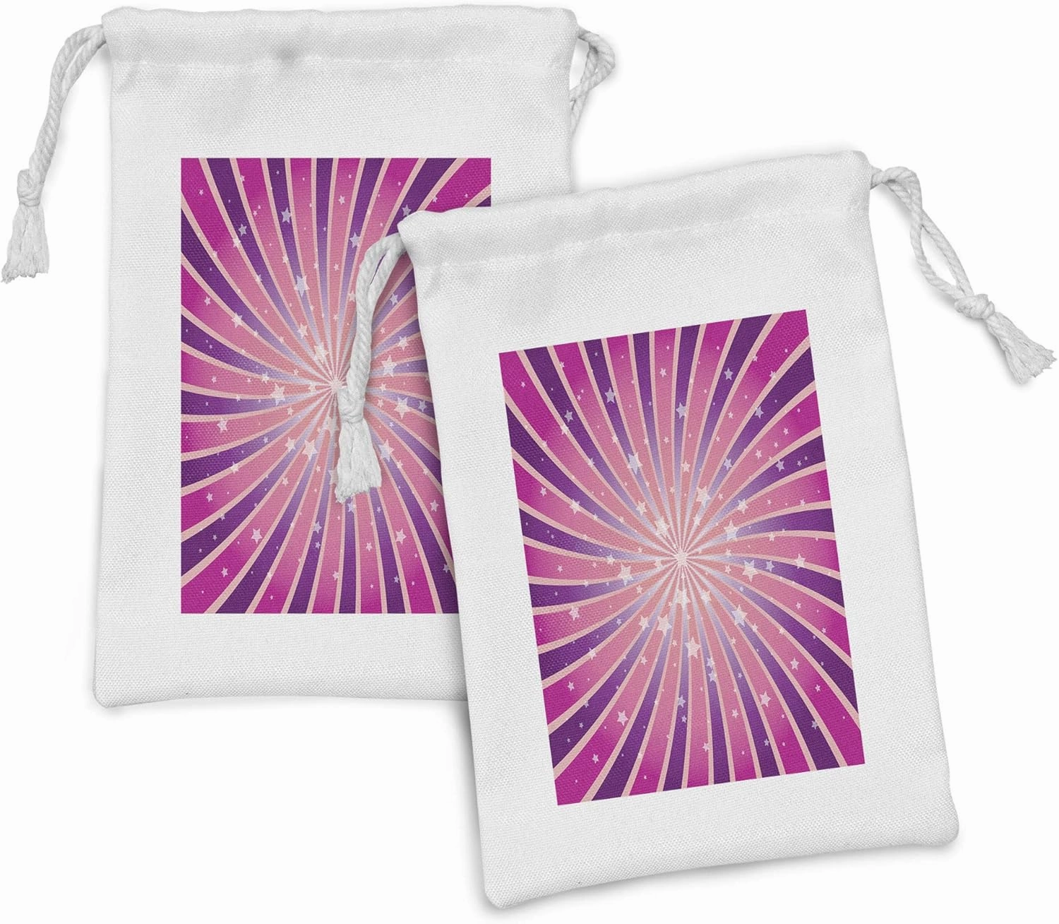 Lunarable Pink Purple Fabric Pouch Set of 2, Funny Design Retro Style Rays and Stars Gradient Toned Center, Small Drawstring Bag for Toiletries Masks and Favors, 9" x 6", Magenta Quartz and Rose