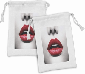Lunarable Red and Black Fabric Pouch Set of 2, Cosmetic Lipstick in Vivid Alluring Colors Photo of Model Lips, Small Drawstring Bag for Toiletries Masks and Favors, 9" x 6", Scarlet Pale Grey