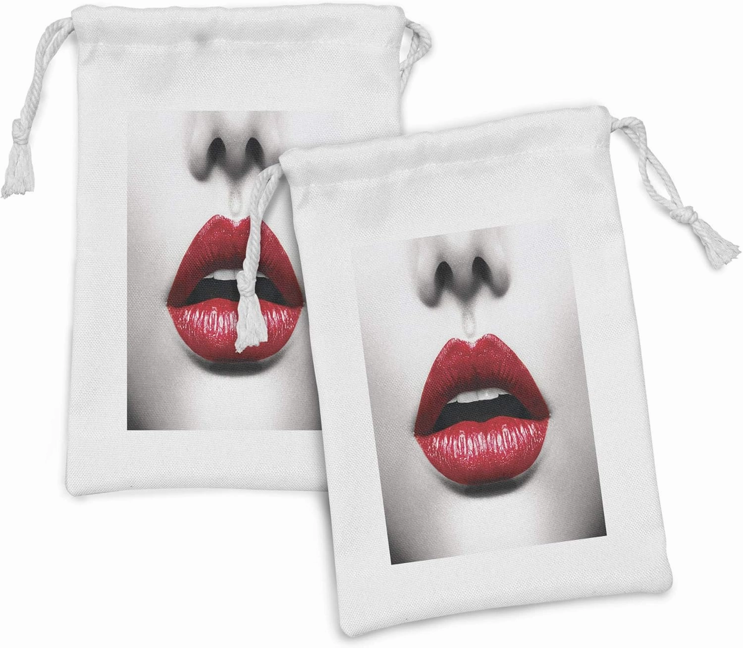 Lunarable Red and Black Fabric Pouch Set of 2, Cosmetic Lipstick in Vivid Alluring Colors Photo of Model Lips, Small Drawstring Bag for Toiletries Masks and Favors, 9" x 6", Scarlet Pale Grey
