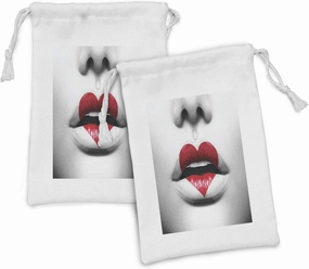 Lunarable Red and Black Fabric Pouch Set of 2, Fashion Model Vivid Woman Lips with Love Heart Lipstick Makeup Art, Small Drawstring Bag for Toiletries Masks and Favors, 9" x 6", White and Pale Grey