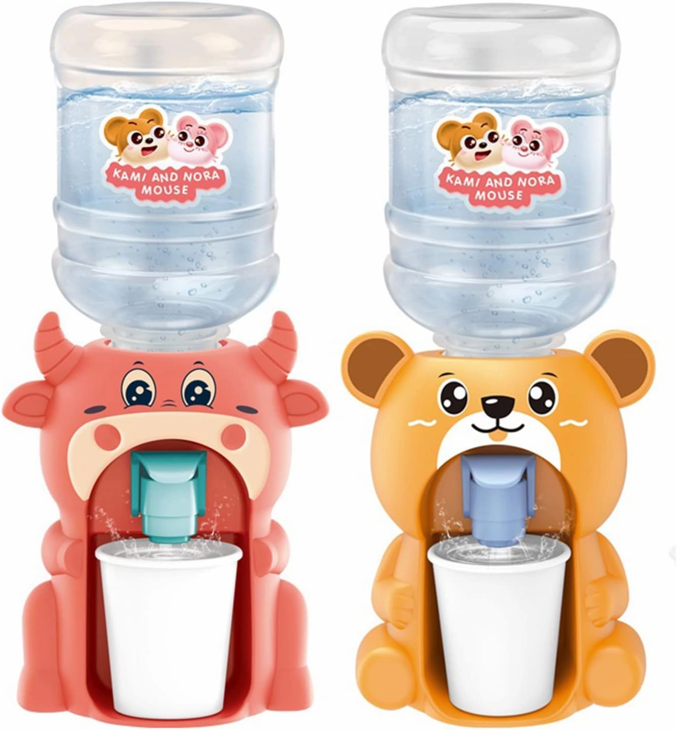 LUOZZY Mini Water Dispenser for Kids - Simulation Animal Machine Toy for Dollhouse (Bear and Ox)
