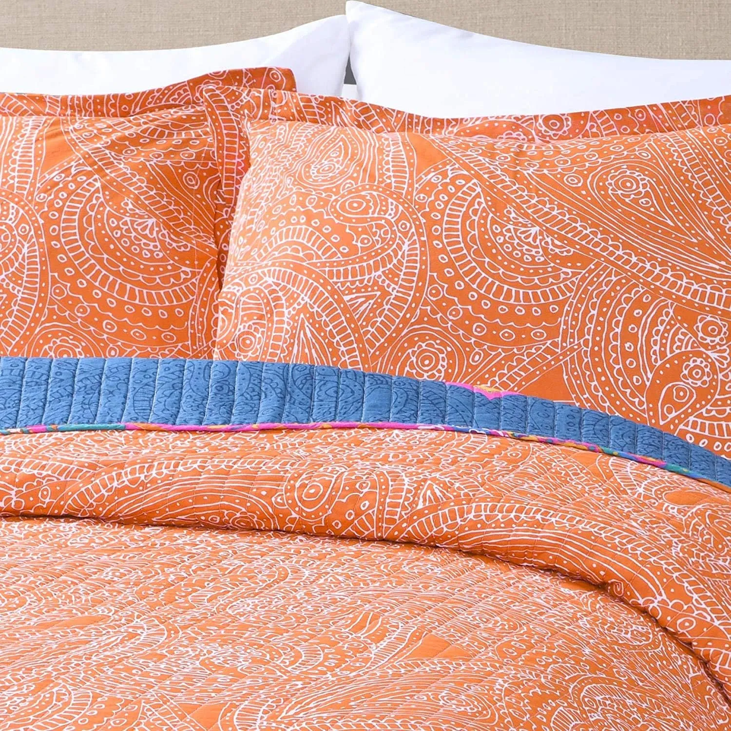 Lush Decor Boho Chic Reversible Cotton Quilt 3-Piece Set, King, Turquoise & Navy - Bright Paisley Print, Vibrant & Colorful Bohemian Bedding Set