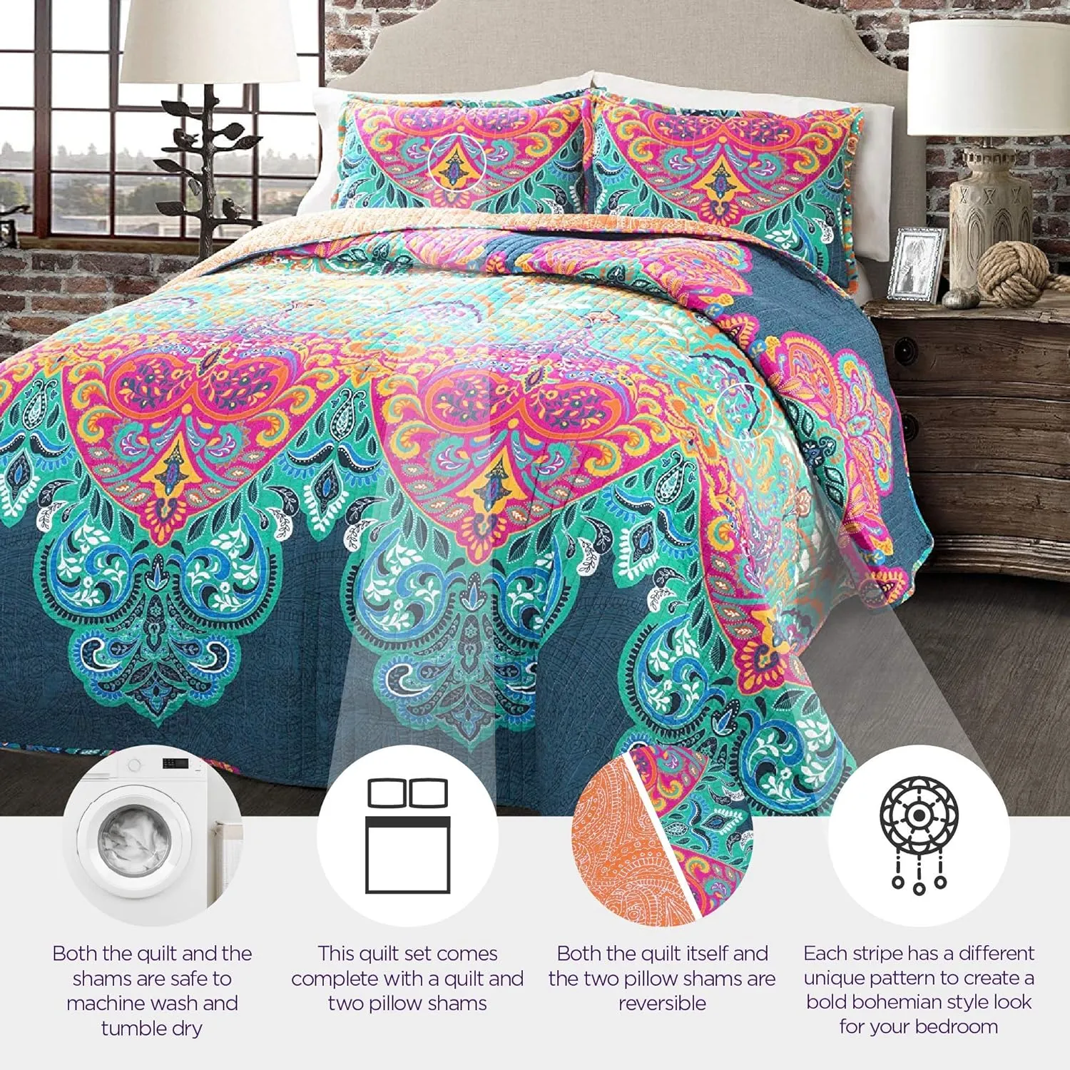 Lush Decor Boho Chic Reversible Cotton Quilt 3-Piece Set, King, Turquoise & Navy - Bright Paisley Print, Vibrant & Colorful Bohemian Bedding Set