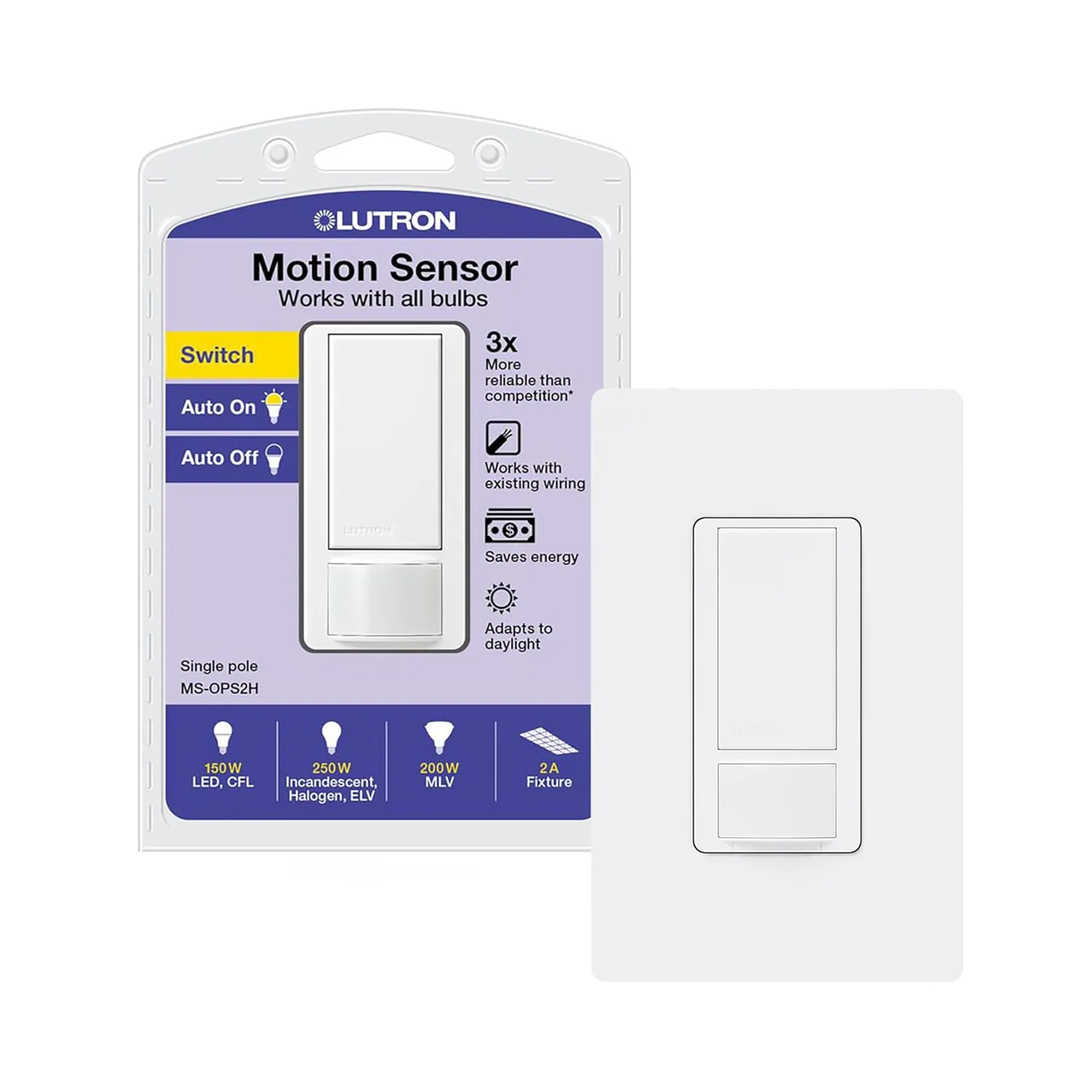 Lutron Maestro Motion Sensor Light Switch w/ Wallplate for Bathroom, Garage, Laundry Room, Closet, for Light Bulbs, Occupancy and Vacancy Sensor, Single-Pole Only, No Neutral Req, MS-OPS2HW-WH, White