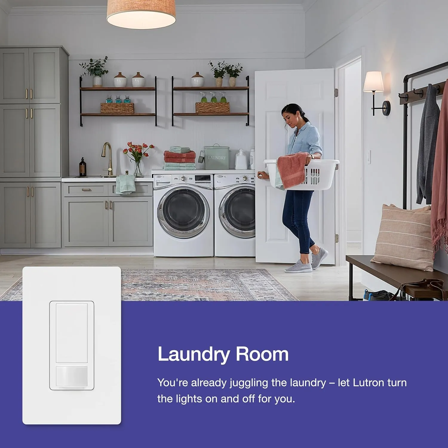 Lutron Maestro Motion Sensor Light Switch w/ Wallplate for Bathroom, Garage, Laundry Room, Closet, for Light Bulbs, Occupancy and Vacancy Sensor, Single-Pole Only, No Neutral Req, MS-OPS2HW-WH, White