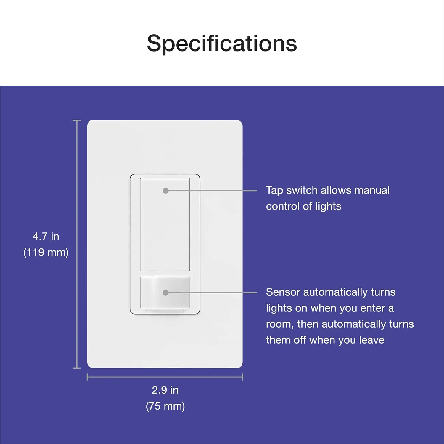 Lutron Maestro Motion Sensor Light Switch w/ Wallplate for Bathroom, Garage, Laundry Room, Closet, for Light Bulbs, Occupancy and Vacancy Sensor, Single-Pole Only, No Neutral Req, MS-OPS2HW-WH, White