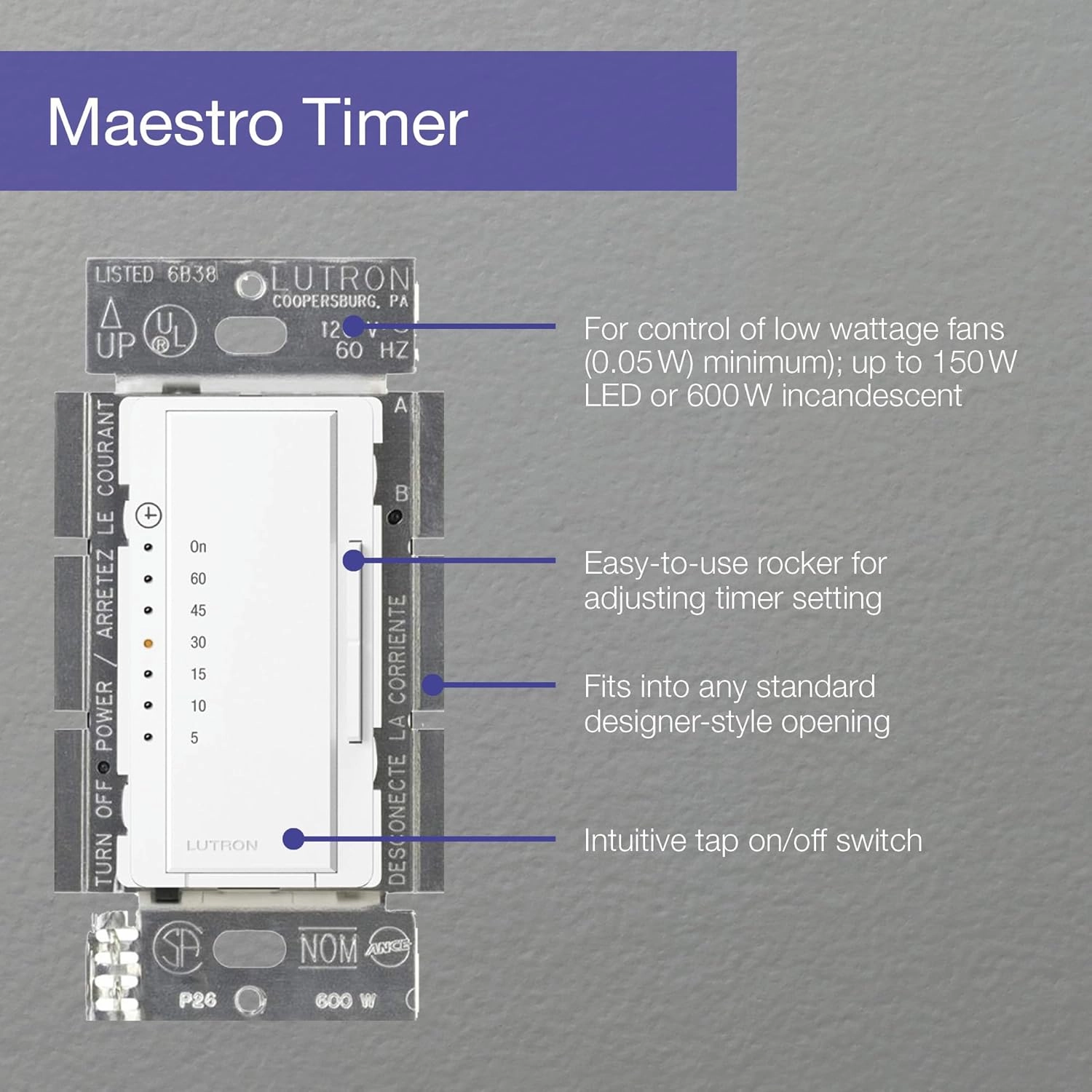Lutron Maestro Countdown Timer Switch for Fans and Lights, 3A/150-Watt LED Bulbs, Single-Pole/Multi-Location | MA-T51MN-AL | Almond