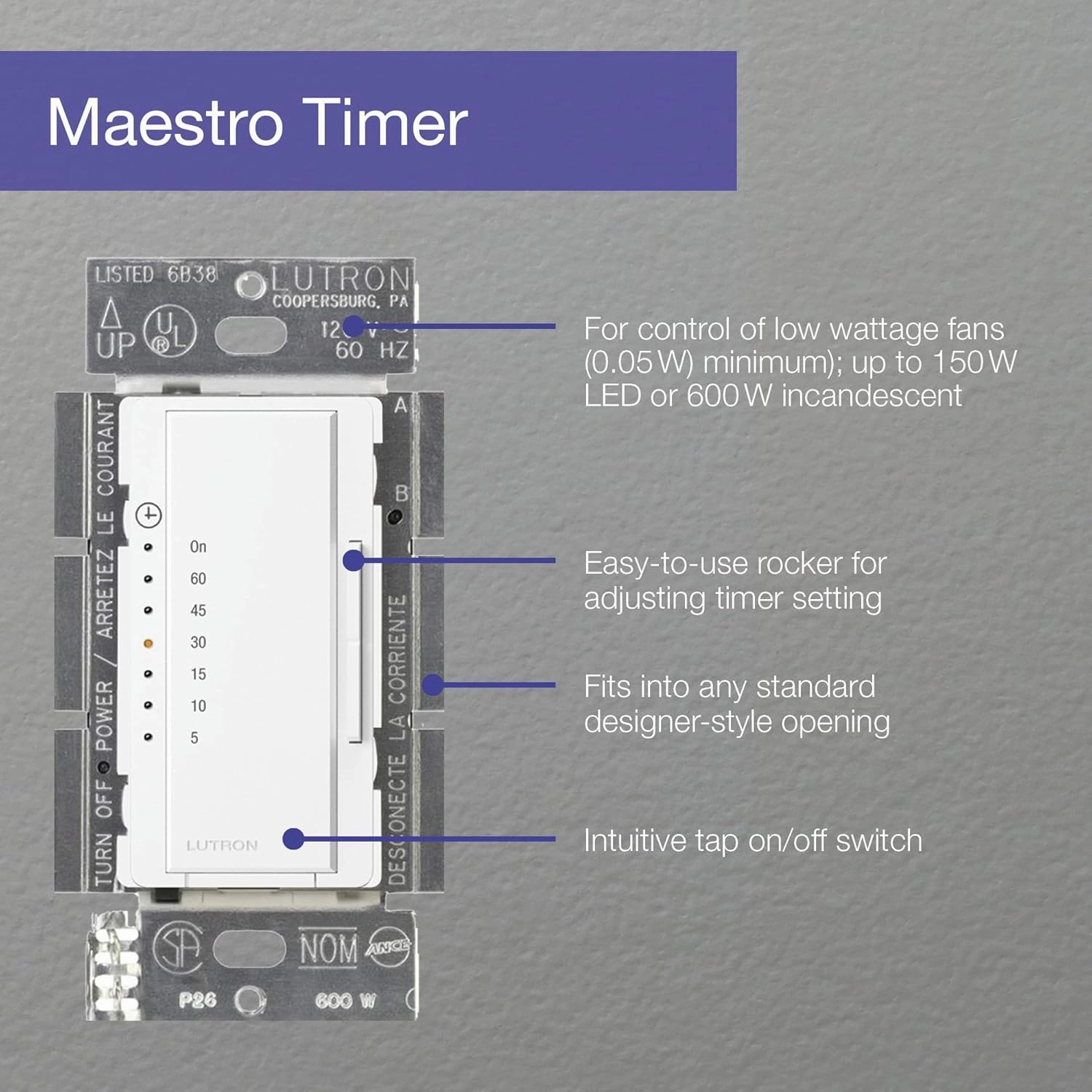 Lutron Maestro Countdown Timer Switch for Fans and Lights, 3A/150-Watt LED Bulbs, Single-Pole/Multi-Location | MA-T51MN-GR | Gray
