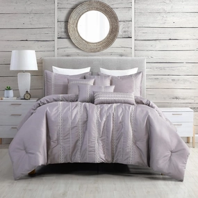 Luxury 7-Piece Full/Queen Comforter Set with Shams Cushions, Modern Bright Lilac White Artistic Elegant Embro Hexagonal-Imaginary Lines Design, Bed Cover Bed in a Bag(22187V, Laguna,F/Q)