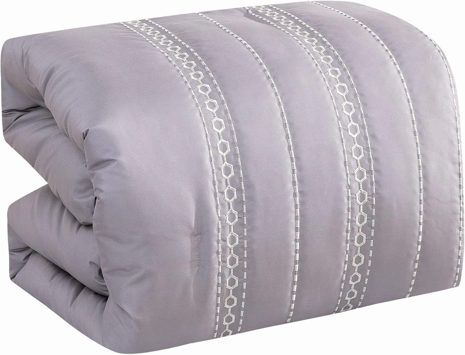 Luxury 7-Piece Full/Queen Comforter Set with Shams Cushions, Modern Bright Lilac White Artistic Elegant Embro Hexagonal-Imaginary Lines Design, Bed Cover Bed in a Bag(22187V, Laguna,F/Q)