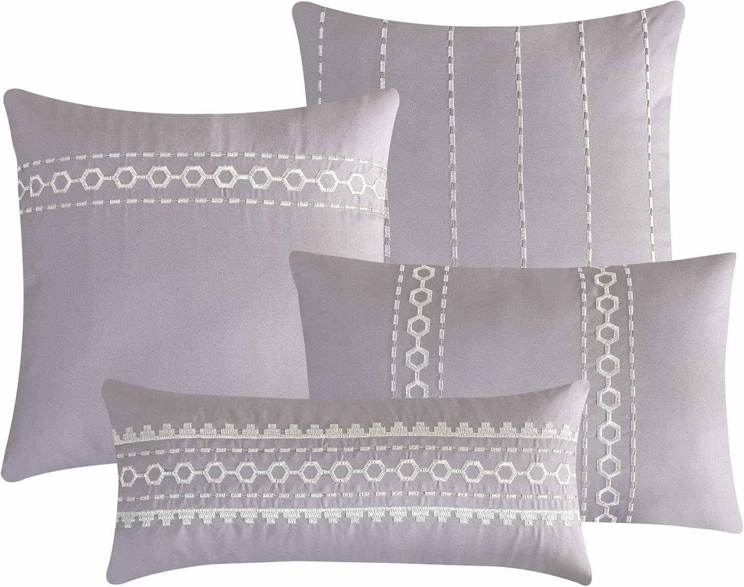 Luxury 7-Piece Full/Queen Comforter Set with Shams Cushions, Modern Bright Lilac White Artistic Elegant Embro Hexagonal-Imaginary Lines Design, Bed Cover Bed in a Bag(22187V, Laguna,F/Q)