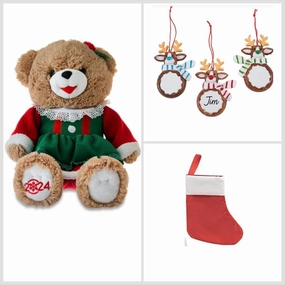Mae Mae's Marketing, LLC Christmas 2024 Time Snowflake Teddy Bear 15 inch Collectible Plush Teddy Bear with Christmas Reindeer Ornament and Mini Stocking (Green Sweater)