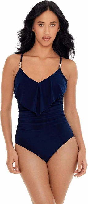 MagicSuit Women's Swimwear Solid Isabel Tummy Control Ruffle Front Soft Cup One Piece Swimsuit