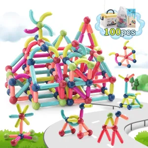 Magnetic Balls and Rods Set, 100PCS Magnetic Building Sticks Blocks Toys, Educational Stacking STEM Magnet Toys Gift for Kids and Toddler Age 3 and Up.