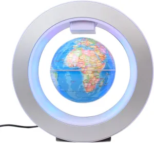 Magnetic Floating Globe, Magnetic Levitating with LED Light O Shape Frame Self-rotating Desk Gadget Decor Floating Globes World, 4inch (Light Blue)