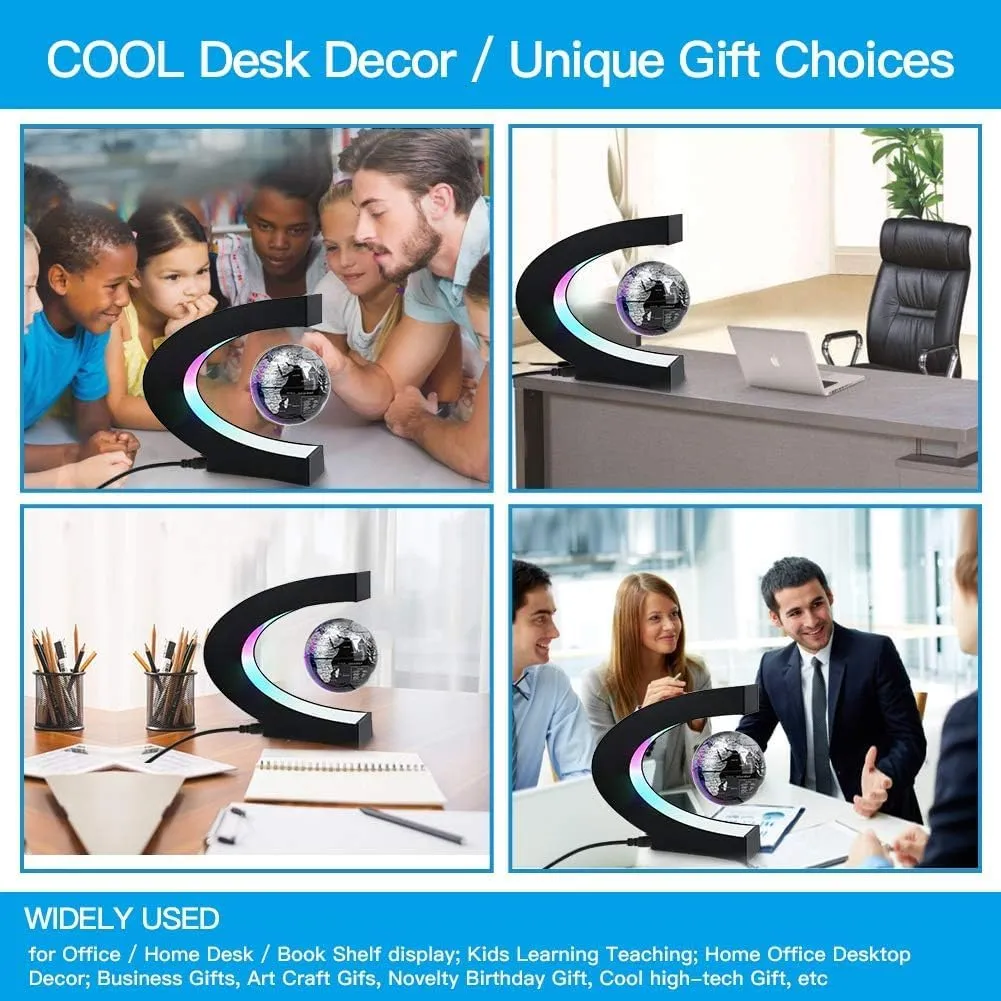 Magnetic Levitation Floating Globe with LED Lights 3 inch Map Globe with C Shape Base for Educational Home Office Desk Bookshelf Decor, Cool Tech Gift for Business Men Father Boys (Black)
