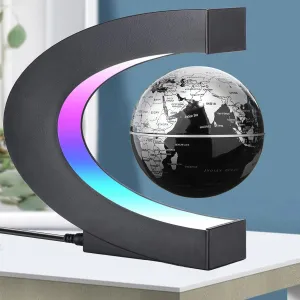 Magnetic Levitation Floating Globe with LED Lights 3 inch Map Globe with C Shape Base for Educational Home Office Desk Bookshelf Decor, Cool Tech Gift for Business Men Father Boys (Black)