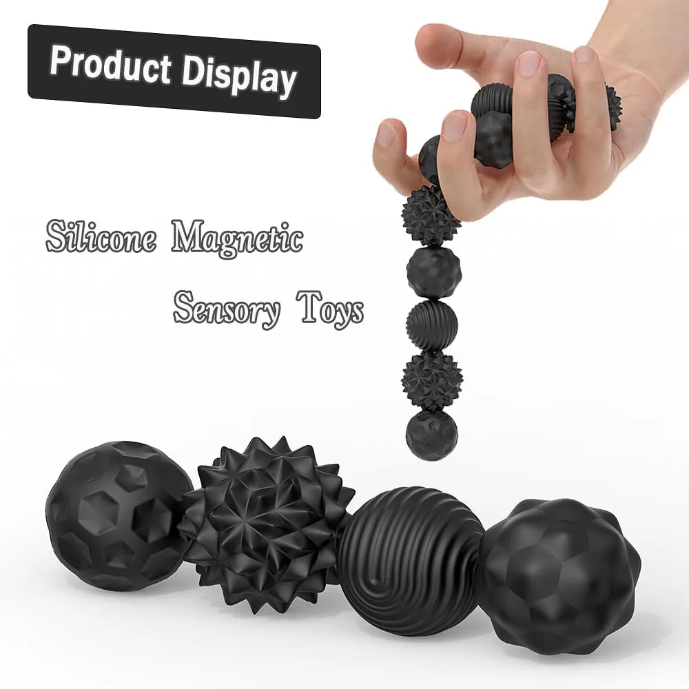 Magnetic Sensory Fidget Ball Toy, Attracting Stress Ball with Silicone Shell for Adults and Teens, Peace of Hands and Anxiety Mind, Fun Stress Free Magnet Balls (Black Series, Set of 8)