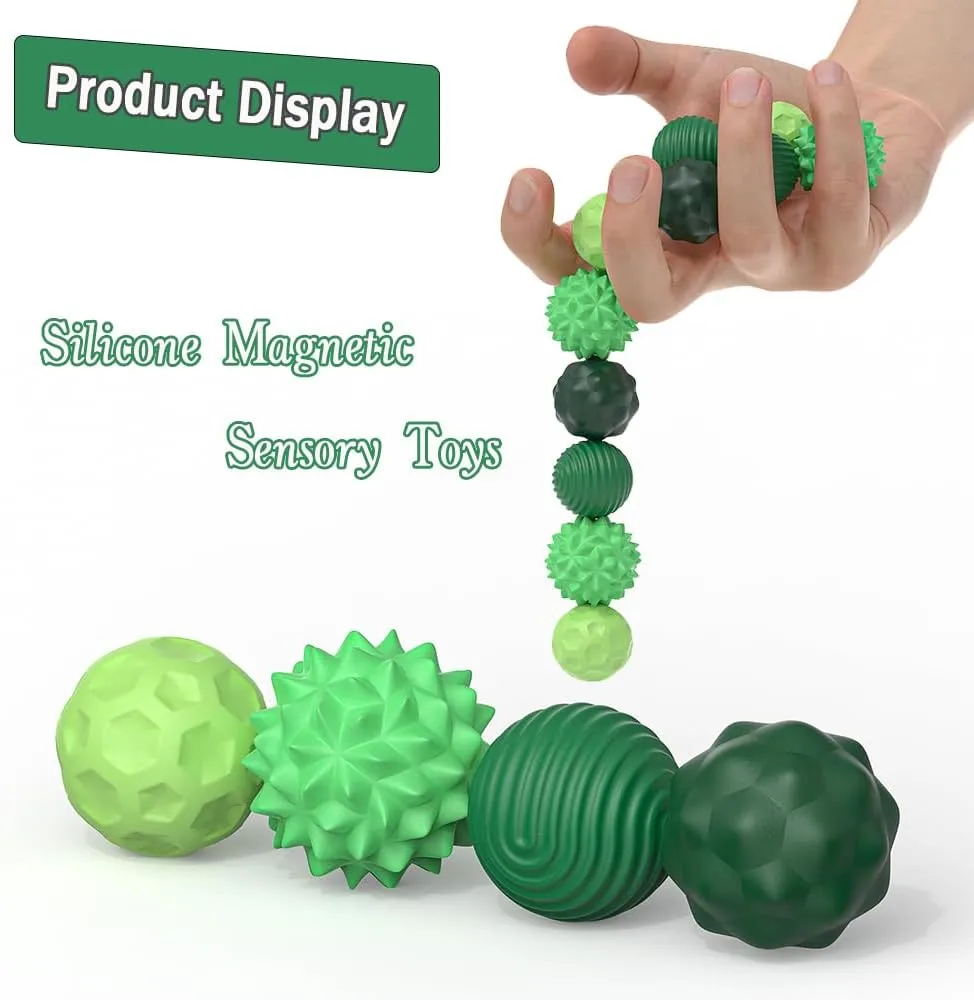Magnetic Sensory Fidget Ball Toy, Attracting Stress Ball with Silicone Shell for Adults and Teens, Peace of Hands and Anxiety Mind, Fun Stress Free Magnet Balls (Green Series, Set of 8)