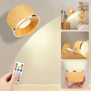 Magnetic Wall Sconce 16 RGB Colors Dimmable, 4 Pack LED Rechargeable Wireless Picture Painting Wall Lights, 360°Rotate Battery Operated Wall Sconce for Reading in Bed (Birch Wood)