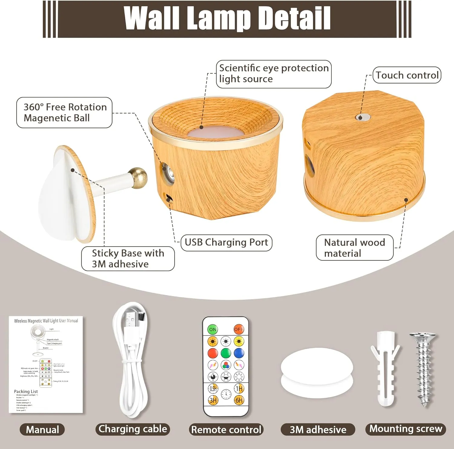 Magnetic Wall Sconce 16 RGB Colors Dimmable, 4 Pack LED Rechargeable Wireless Picture Painting Wall Lights, 360°Rotate Battery Operated Wall Sconce for Reading in Bed (Birch Wood)