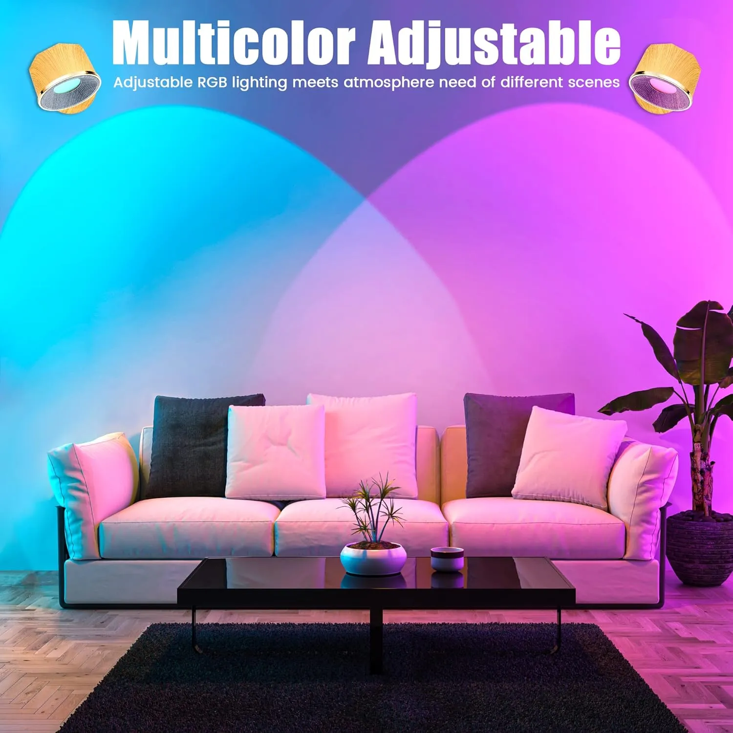 Magnetic Wall Sconce 16 RGB Colors Dimmable, 4 Pack LED Rechargeable Wireless Picture Painting Wall Lights, 360°Rotate Battery Operated Wall Sconce for Reading in Bed (Birch Wood)