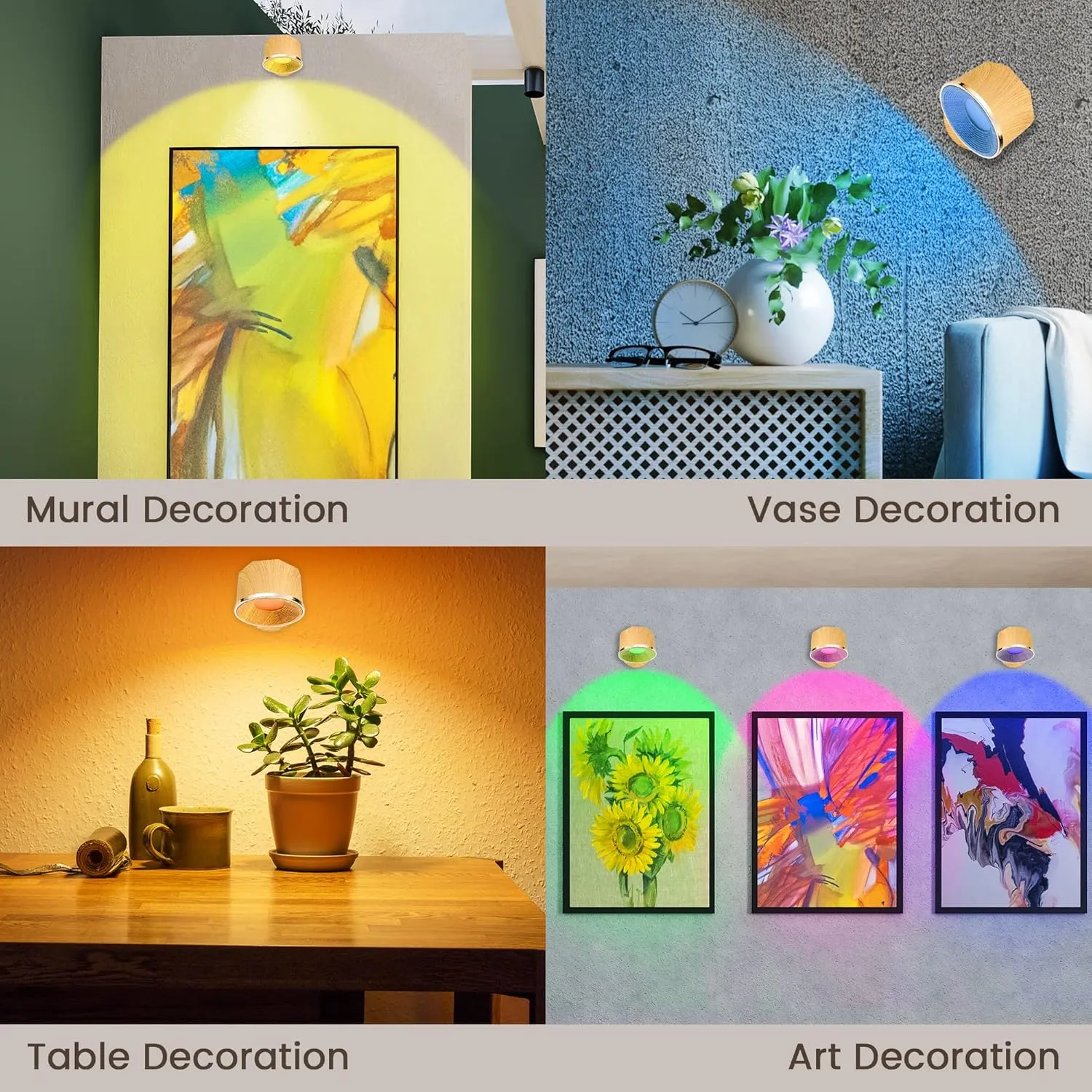 Magnetic Wall Sconce 16 RGB Colors Dimmable, 4 Pack LED Rechargeable Wireless Picture Painting Wall Lights, 360°Rotate Battery Operated Wall Sconce for Reading in Bed (Birch Wood)