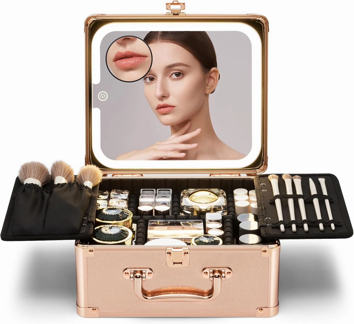 Makeup Box with Detachable Lighted Mirror–Travel Train Case, Cosmetic/Storage Organizer & Makeup Suitcase with Adjustable Dividers & Magnetic LED Mirror (Rose Gold)