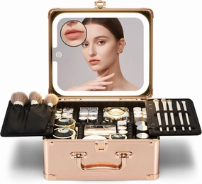Makeup Box with Detachable Lighted Mirror–Travel Train Case, Cosmetic/Storage Organizer & Makeup Suitcase with Adjustable Dividers & Magnetic LED Mirror (Rose Gold)