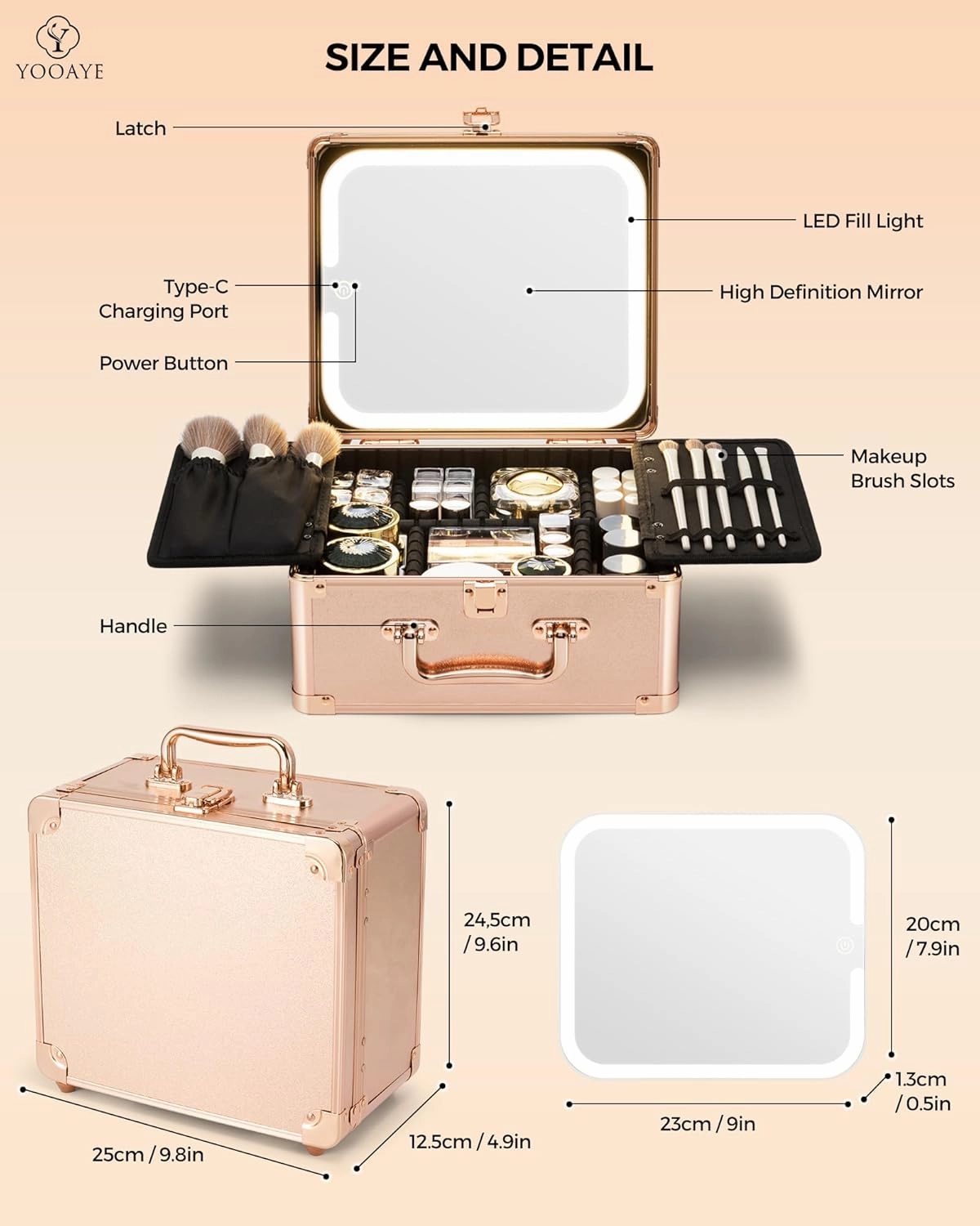 Makeup Box with Detachable Lighted Mirror–Travel Train Case, Cosmetic/Storage Organizer & Makeup Suitcase with Adjustable Dividers & Magnetic LED Mirror (Rose Gold)